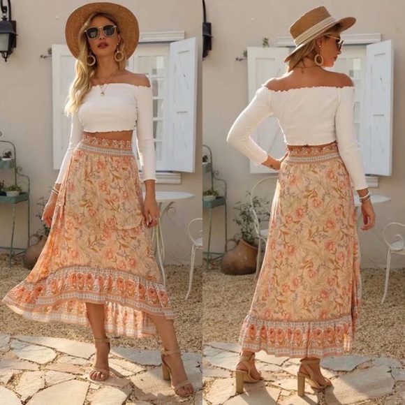 Hi Low Maxi Boho Floral Gypsy Print Skirt Pink - Picture 3 of 15